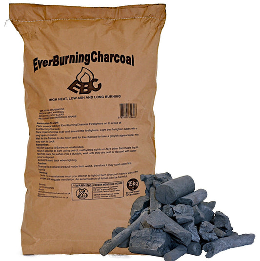 A bag of Super Premium Real Hardwood Restaurant Grade Charcoal with some charcoal pieces displayed in front.